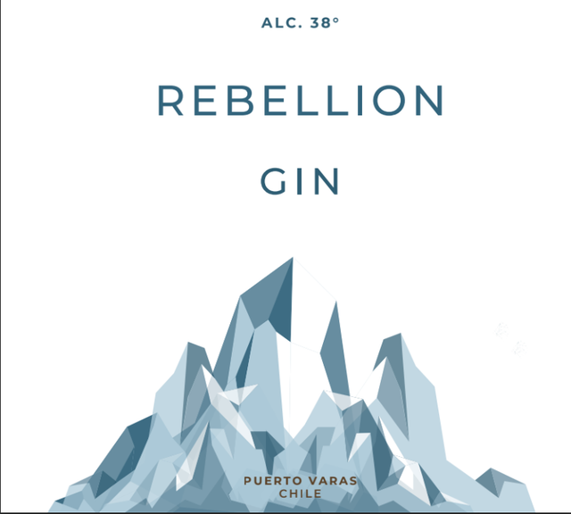 Detalle de la etiqueta de Gin Rebellion con montañas geométricas y origen Puerto Varas, Chile.